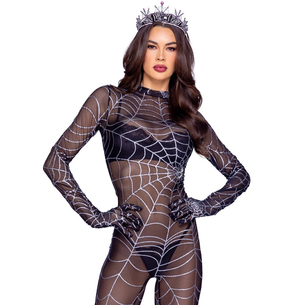 Sheer Metallic Spiderweb Catsuit with Attached Gloves